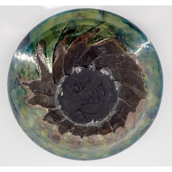 Turquoise Blue Signed Raku Sculpture Pottery Vase Bowl Iridescent Drip Glaze 8" - Picture 8 of 16